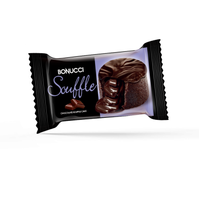 Chocolate soufflé cake coated with cocoa